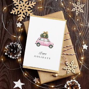 Tarjeta Festiva Watercolor Pink Car Christmas Tree Felices Fiestas