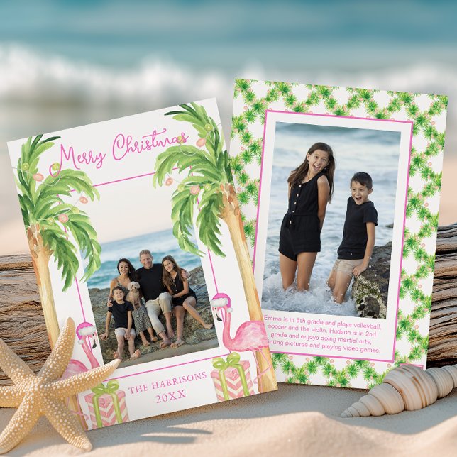 Tarjeta Festiva Watercolor Pink Flamingo Beach Christmas Photo (Subido por el creador)