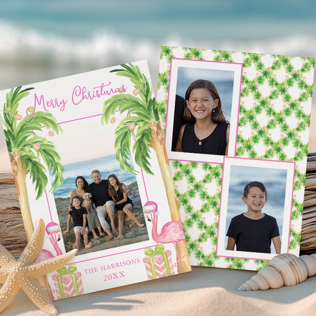 Tarjeta Festiva Watercolor Pink Flamingo Beach Christmas Photo (Subido por el creador)