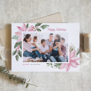 Tarjeta Festiva Watercolor Pink Poinsettia Happy Holidays