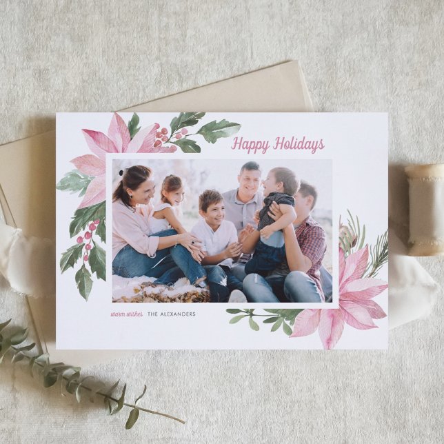 Tarjeta Festiva Watercolor Pink Poinsettia Happy Holidays (Subido por el creador)