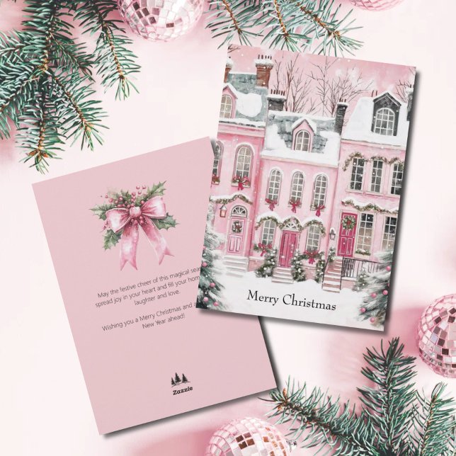 Tarjeta Festiva Watercolor Pink Script Village Non Photo Christmas (Christmas Pink Snowy Village Elegant Script)
