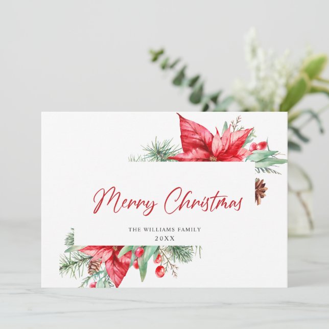 Tarjeta Festiva Watercolor Poinsettia Mistletoe Navidades Saludo (Anverso de pie)