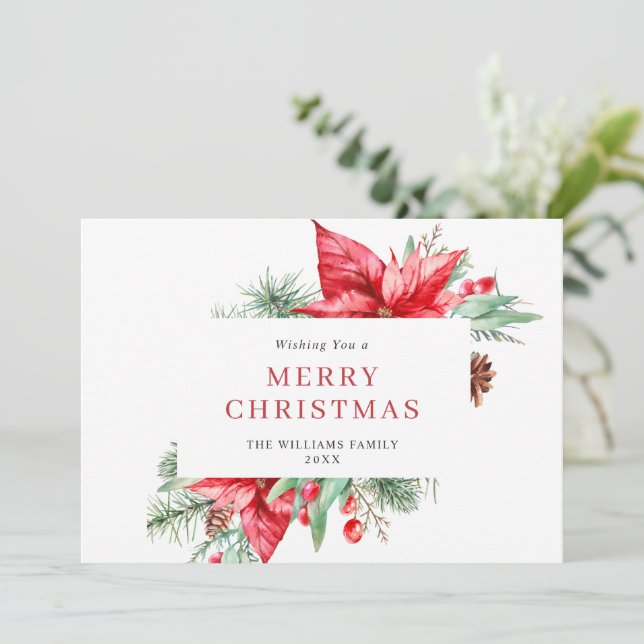 Tarjeta Festiva Watercolor Poinsettia Mistletoe Navidades Saludo (Anverso de pie)