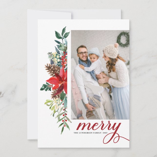 Tarjeta Festiva Watercolor Poinsettia Navidades botánicos Foto (Anverso)