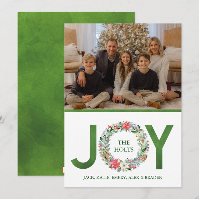 Tarjeta Festiva Watercolor Poinsettia Navidades Wreath Joy (Anverso / Reverso)