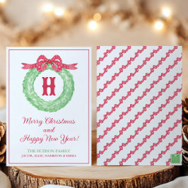 Tarjeta Festiva Watercolor Polka Rojo Dot Bow Monograma Wreath Fie