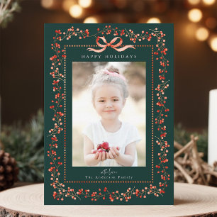 Tarjeta Festiva Watercolor Red Berry Frame Photo Green Navidades