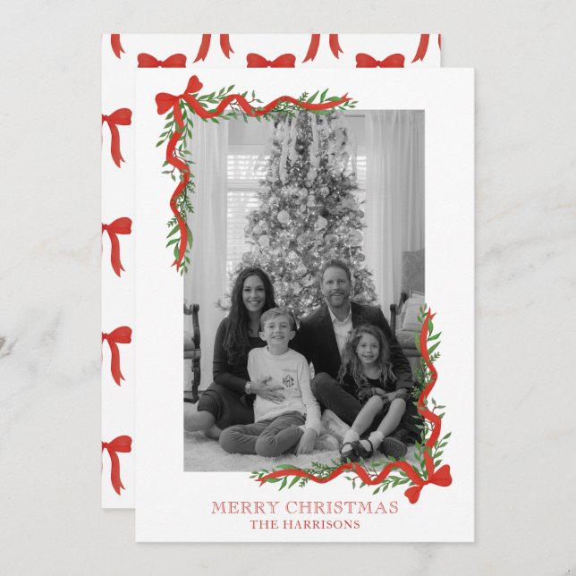 Tarjeta Festiva Watercolor Red Bow Garland Foto (Anverso / Reverso)