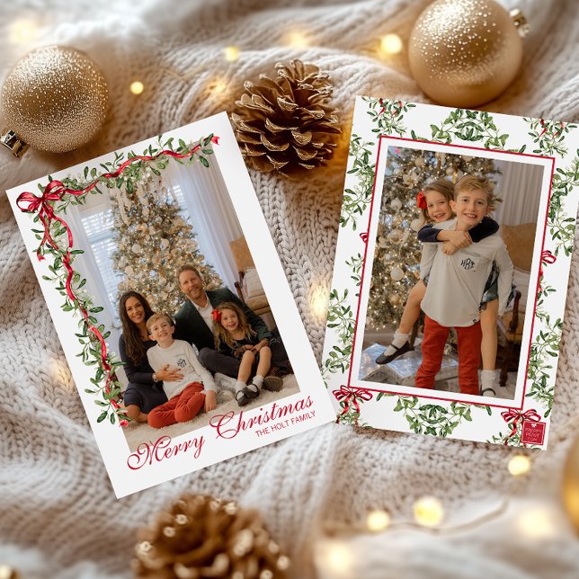 Tarjeta Festiva Watercolor Red Bow Mistletoe Garland Photo (Subido por el creador)