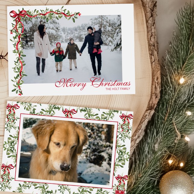Tarjeta Festiva Watercolor Red Bow Mistletoe Garland Photo (Subido por el creador)