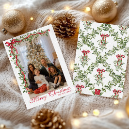 Tarjeta Festiva Watercolor Red Bow Mistletoe Garland Photo