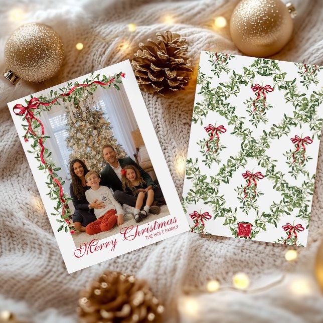 Tarjeta Festiva Watercolor Red Bow Mistletoe Garland Photo (Subido por el creador)