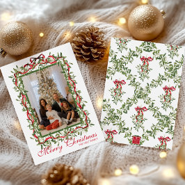 Tarjeta Festiva Watercolor Red Bow Mistletoe Garland Photo