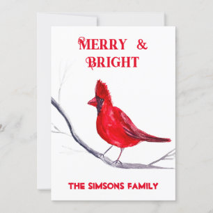 Tarjeta Festiva Watercolor Red Cardinal Bird Merry Christmas