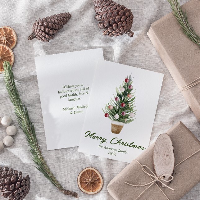 Tarjeta Festiva Watercolor Red Ornaments Tree Merry Christmas (Subido por el creador)