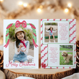 Tarjeta Festiva Watercolor Red Polka Dot Bow Swag Christmas Photo