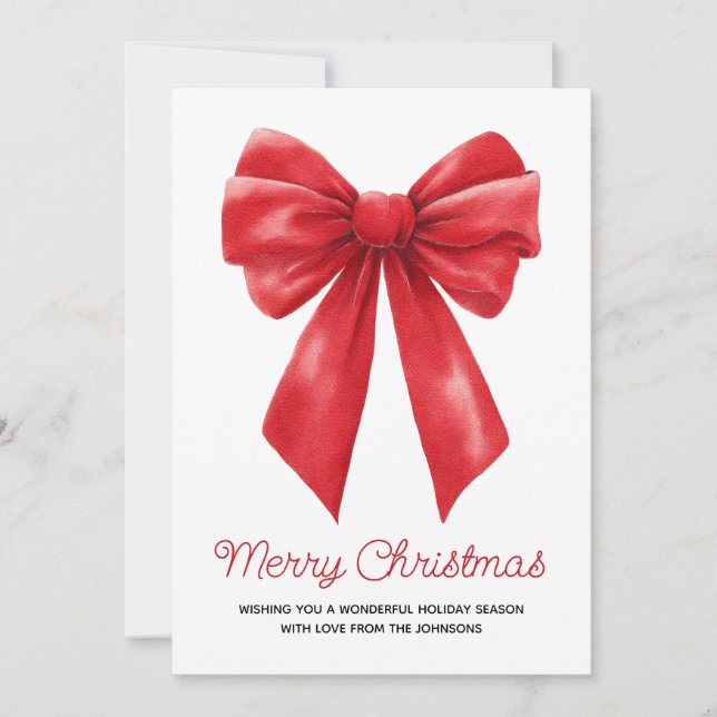 Tarjeta Festiva Watercolor Red Ribbon Merry Christmas (Anverso)
