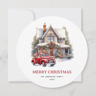 Tarjeta Festiva Watercolor Red Truck House Merry Christmas Card
