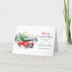 Tarjeta Festiva Watercolor Red Truck Merry Christmas Lumberjack