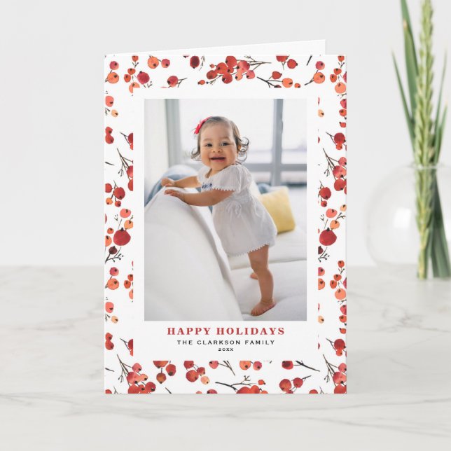 Tarjeta Festiva Watercolor Red Winterberry Happy Holidays Photo (Anverso)