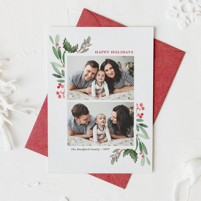 Tarjeta Festiva Watercolor Red Winterberry y Holly Two Photo (Watercolor Winterberry and Holly Two Photo Collage Happy Holidays Card)