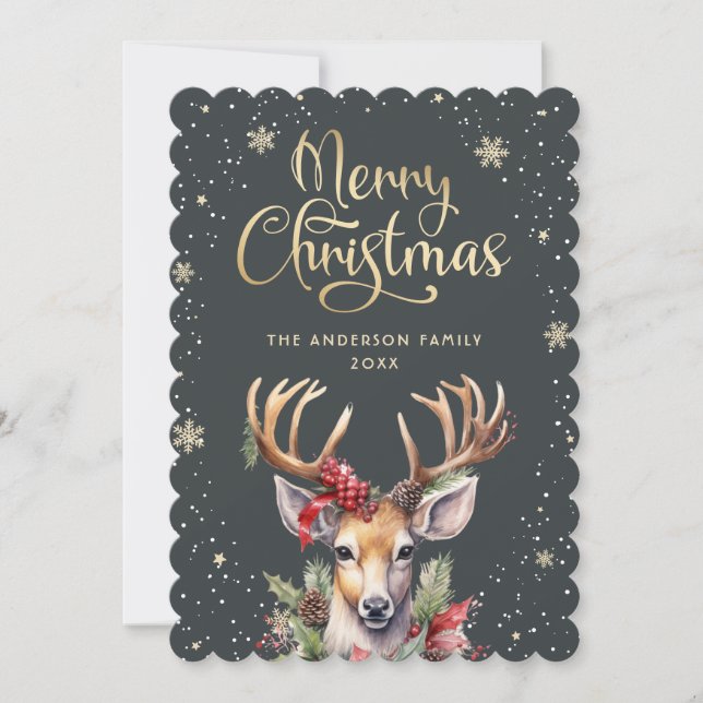 Tarjeta Festiva Watercolor Reindeer Snowflake Christmas Card (Anverso)