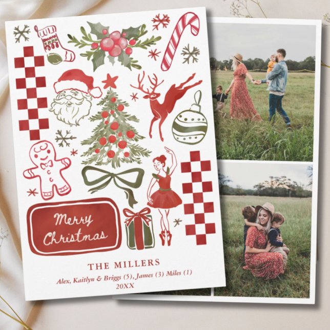Tarjeta Festiva Watercolor Retro Illustrated Green & Red 3 Photo (Watercolor Retro Illustrated Green & Red 3 Photo Holiday Card
)