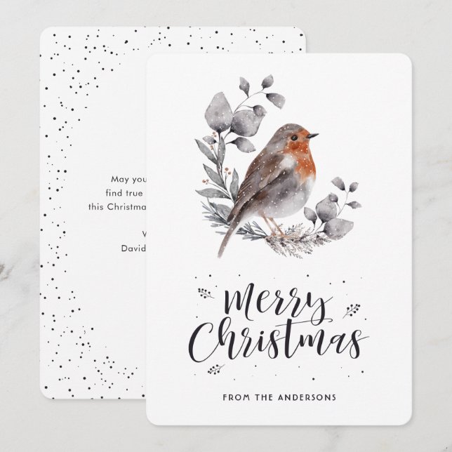 Tarjeta Festiva Watercolor Robin Bird Wreath Merry Christmas Card (Anverso / Reverso)