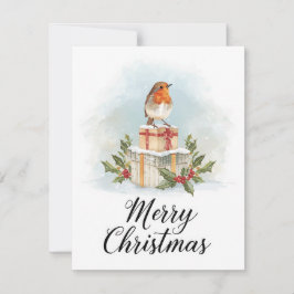 Tarjeta Festiva Watercolor Robin Gifts Holly Merry Christmas