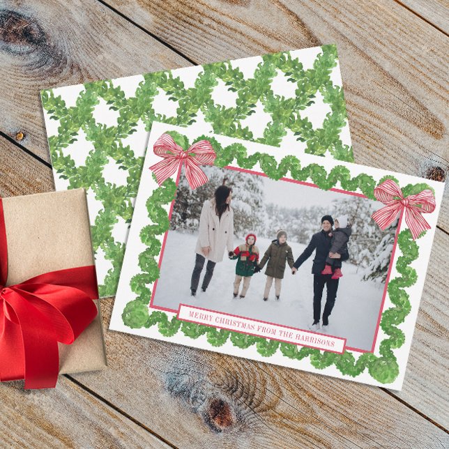 Tarjeta Festiva Watercolor Rojo y Blanco Bow Garland Photo (Subido por el creador)