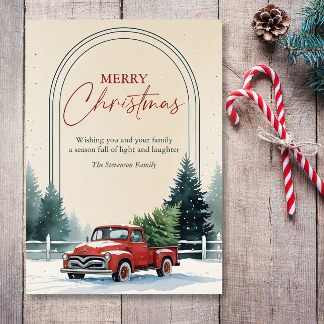 Tarjeta Festiva Watercolor Rustic Red Truck & Pine Trees Christmas (Personalized Rustic Christmas Card with Red Vintage Truck & Pine Trees – Family Holiday Greeting)