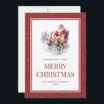 Tarjeta Festiva Watercolor Santa Claus Snowy Merry Christmas Cards<br><div class="desc">Color de agua rojo La tarjeta navideña de Feliz con Papá Noel en el trineo. Personalice fácilmente esta nevada tarjeta de vacaciones roja con su nombre familiar y el año.</div>