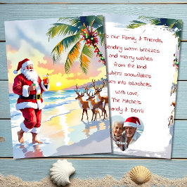 Tarjeta Festiva Watercolor Santa & Reindeer on the Beach Christmas