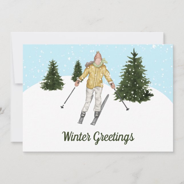 Tarjeta Festiva Watercolor Skiing Woman Custom Winter Greetings (Anverso)