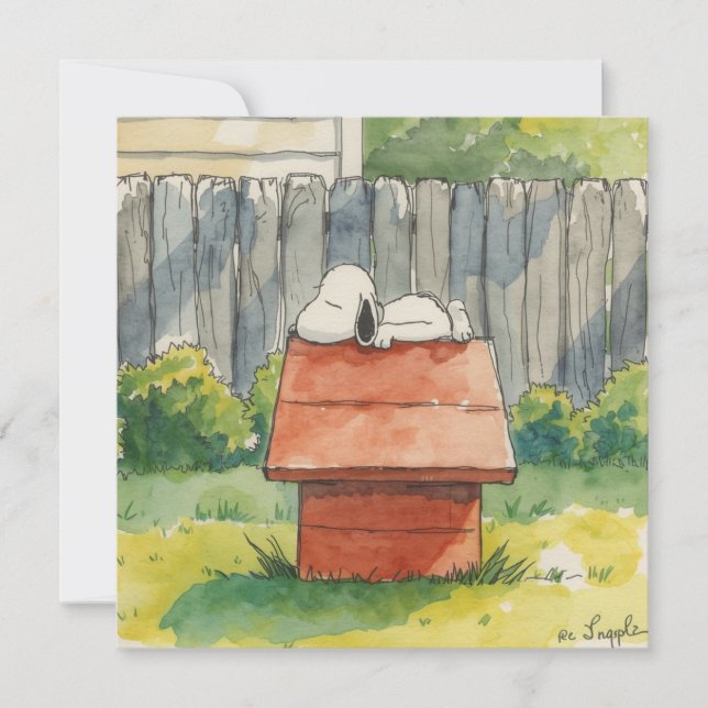 Tarjeta Festiva Watercolor Sleeping Dog on Red Doghouse Art (Anverso)