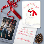 Tarjeta Festiva Watercolor Snowman Cute Happy Holidays Photo<br><div class="desc">Esta linda carta incluye un muñeco de nieve de color agua pintado a mano con la nariz de zanahoria y la bufanda roja. Hay espacio dentro para tu foto y un saludo personalizado. Forma divertida de enviar Navidades o alegría estacional no específica.</div>