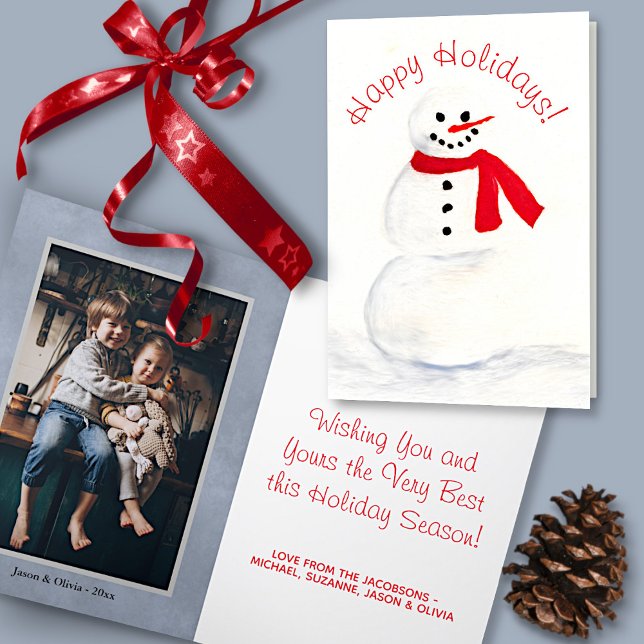 Tarjeta Festiva Watercolor Snowman Cute Happy Holidays Photo (In Situ with Decorartions)