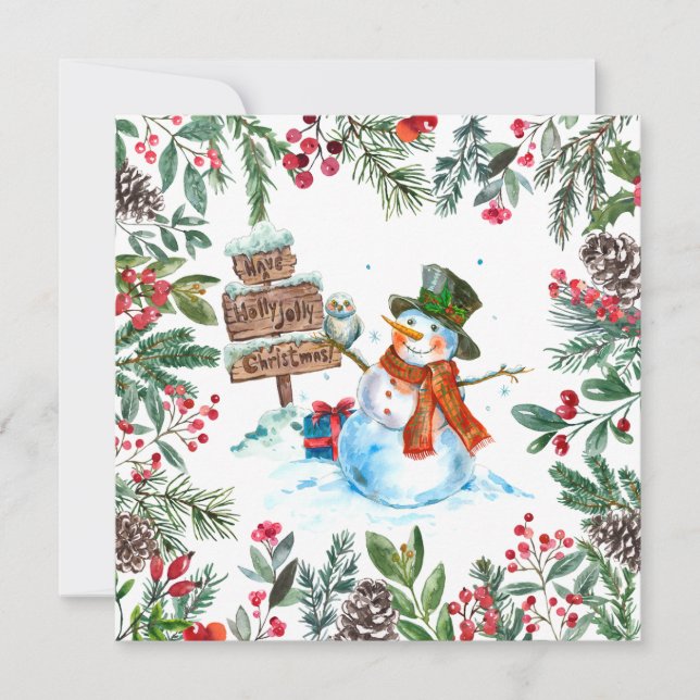 Tarjeta Festiva Watercolor Snowman Merry Christmas (Anverso)