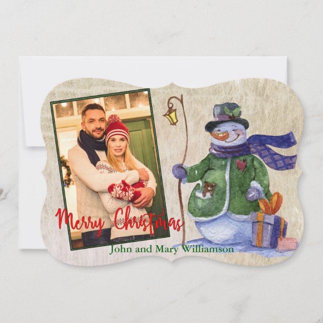 Tarjeta Festiva Watercolor Snowman Photo Christmas Fancy Cut (Anverso)