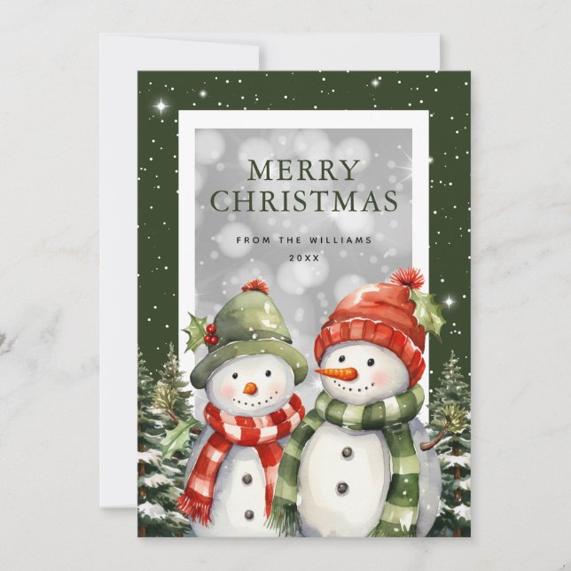 Tarjeta Festiva Watercolor Snowman Snow Merry Christmas (Anverso)