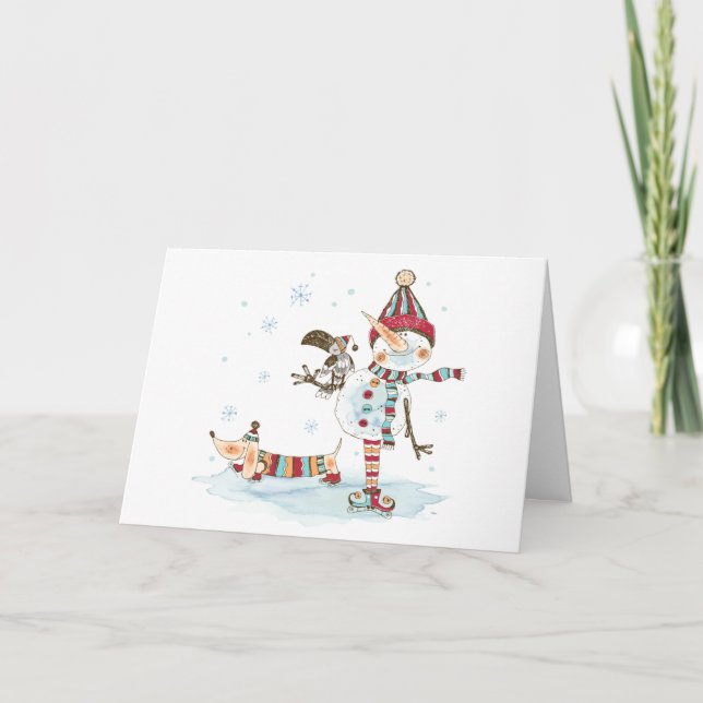 Tarjeta Festiva Watercolor Snowman y Dachshund (Anverso)