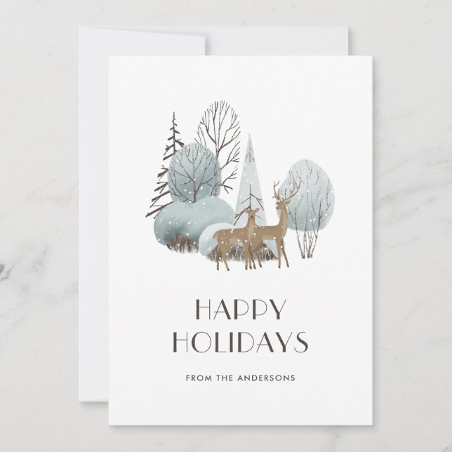 Tarjeta Festiva Watercolor Snowy Winter Scenter Forest Deer (Anverso)