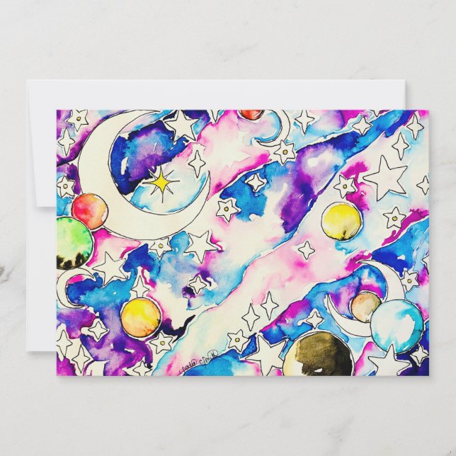 Tarjeta Festiva watercolor space fantasy art (Anverso)
