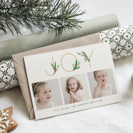 Tarjeta Festiva Watercolor Springs Navidades Joy Three Photo Card