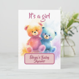 Tarjeta Festiva Watercolor Teddy Bear Girl Shower Pastel Card