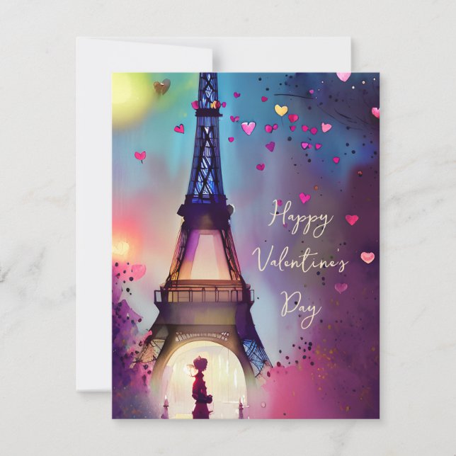 Tarjeta Festiva Watercolor Torre Eiffel de San Valentín (Anverso)