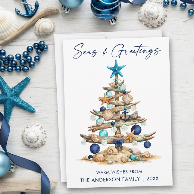 Tarjeta Festiva Watercolor Tree Seas and Greetings Beach (Customize to change your personalized text size or text style.)