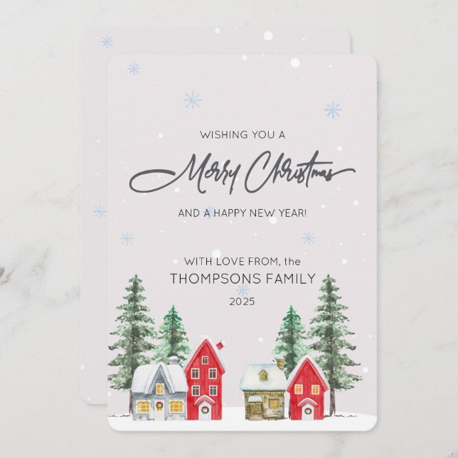 Tarjeta Festiva Watercolor Village Holiday Christmas Card (Anverso / Reverso)