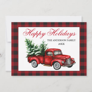 Tarjeta Festiva Watercolor Vintage Red Truck Happy Holidays Plante